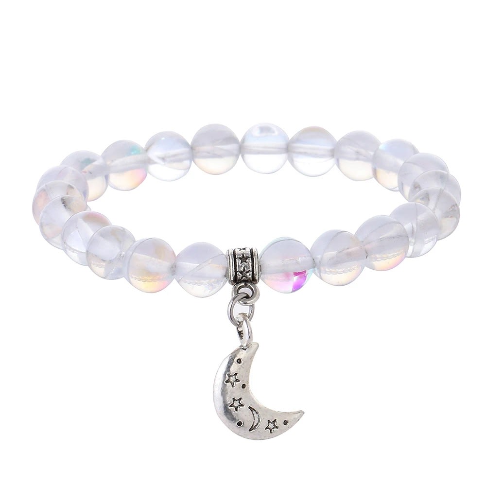 Handmade 8mm Moonstone Bead Elastic Thread Stat and Moon Charm Women Bracelet Jewelry for Gift Drop Shipping